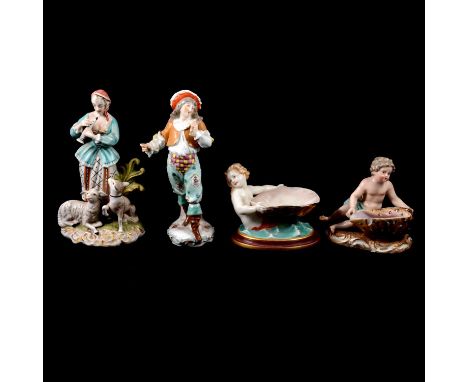Meissen porcelain salt, modelled with a cheryb and shell, blue crossed swords mark, 11cm, (a.f.), a Worcester porcelain salt,