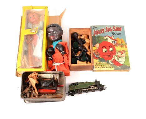 Muhammad Ali hand puppet, Pelham Pupet Cinderella, boxed; tin of lead painted soldiers; The Jolly Jig-saw book; Tri-ang R59 2
