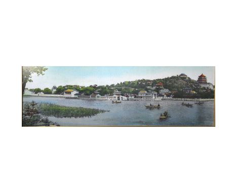 Description amendment:Chinese machine-made tapestry panel, riverscape with temple in distance, 122.5x39cm,framed and glazed.C
