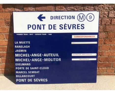 Large original French railway station enamel directions sign, 'M9 Pont De Sevres', blue and white ground, flanged edges, 92cm