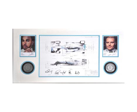 Formula One Mercedes F1 W07 Hybrid technical drawing, signed by Nico Rosberg, Lewis Hamilton, Toto Wolff, Paddy Lowe and Andy