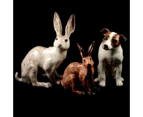 Winstanley Terrier dog, seated, size 8, 31cm; a Winstanley brown hare, seated, size 5, 26cm; and another Winstanley white har