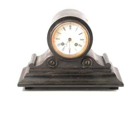 French black slate mantel clock, enamelled dial, French cylinder movement striking on a bell, 21cm, (a.f.).Condition report:T