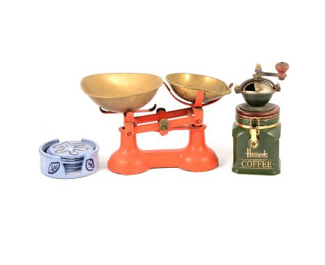 A twin-handled copper jam pan, 41.5cm; two copper kettles; a set of Thornton &amp; Co kitchen scales, with weights; pewter ta