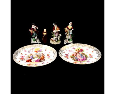 Pair of Siztendorf porcelain figures, 19cm, a Naples figure, a Worcester monk candle snuffer and two charges, (a.f.).Qty: 6