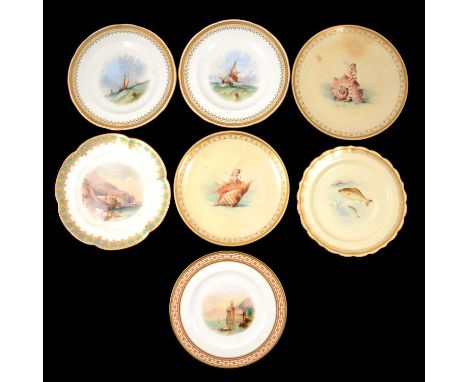 A pair of Minton cabinet plates depicting sailing ships at sea, impressed mark; two Mintons cabinet plates depicting children