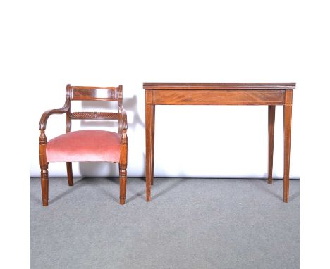 Edwardian mahogany tea table, boxstrung outlines, square tapering legs, width 94cm, depth 47cm, height 76cm; and an elbow cha