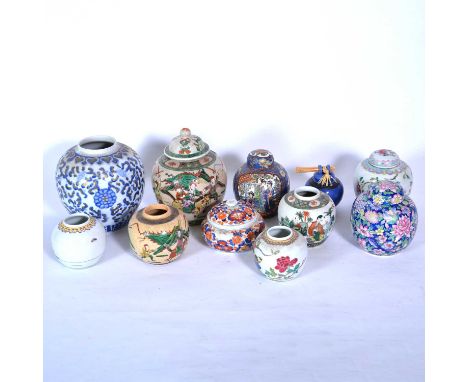 An Asian ceramic lidded jar depicting warriors, 23cm; a similar ginger jar, four character mark to base, no lid, 12cm; anothe
