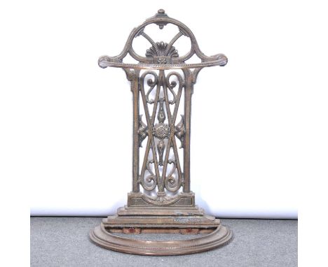 Modern cast iron stick stand, pierced scrolled splat, lacking tray liner base, width 46cm, height 72cm.