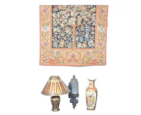 Modern Tree of Life tapestry wall-hanging, a decorative plaster wall mirror with grape design, a modern table lamp with a geo