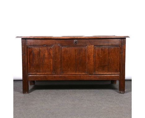 Joined oak coffer, 18th Century, three panel lid and front, width 143cm, depth 58cm, height 74cm.