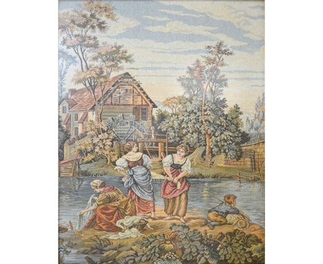 Mid-20th century machine made tapestry, Washing by the Lake, 69x53cm.