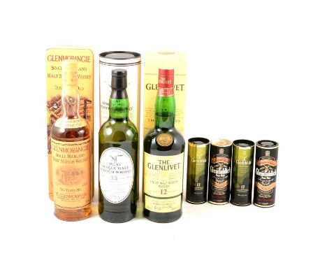 Three assorted bottles of Scotch whisky and four whisky miniatures, to include Glenmorangie, 10 year old, single Highland mal