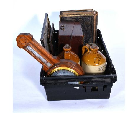 Two stoneware flagons, J.H. Jones &amp; Sons, Leicester; a Shortland barometer; a plated hand mirror; a family bible; a frame