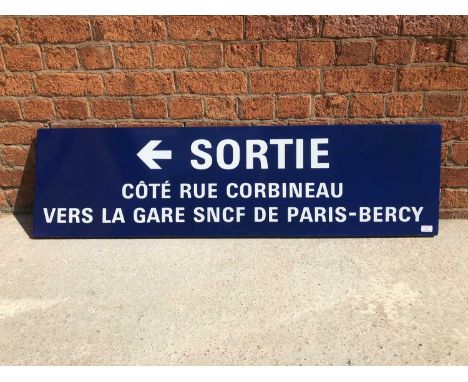 Large original French railway station / road enamel sign 'Sortie Cote Rue Corbineau Vers La Gare SNCF de Paris-Bercy', blue g