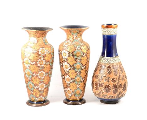 A pair of large Royal Doulton / Doulton &amp; Slaters lace pattern vases, flared rim, incised BW and cn, 40.5cm; and another 