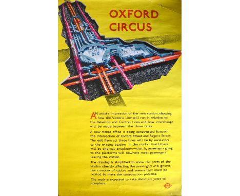 E. Barker, original London Transport poster 'Oxford Circus' station cutaway illustration 'An artist's impresstion of the new 