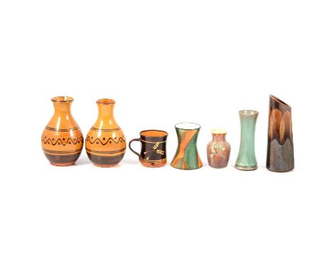 Coldstone Kiln Pottery - a pair of studio pottery vases by Dieter Kunzemann, honey glaze with curved line and dot decoration,