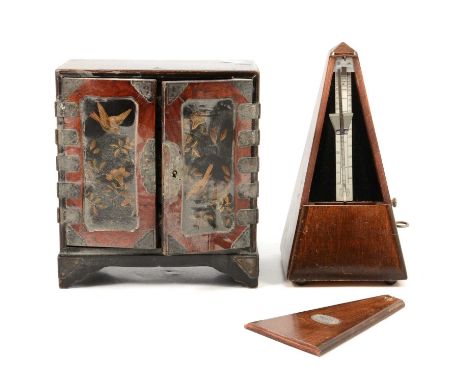 Japanese lacquered table cabinet, 20cm, and a Maelzel metronome.Qty: 2