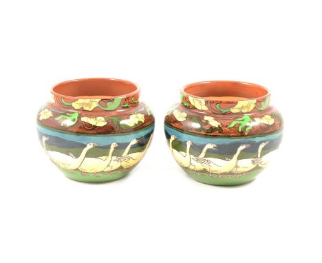 Frederick Rhead for Foley, a pair of Intarsio Ware small jardinieres, the exterior with a frieze of geese under a floral bord