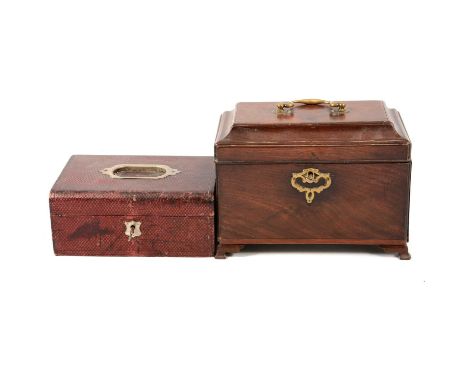 A George III mahogany tea caddy, three compartments, brass handle and escutcheon, on four raised feet, with key, 14.5cm x 24c