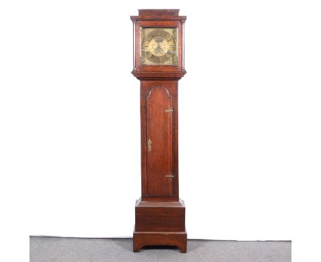 Oak longcase clock, moulded cornice and engaged columns, long door, bracket feet, 11" square brass dial with subsidiary date 