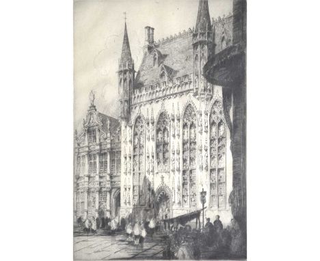 Andrew Affleck,Hotel de Ville, Bruges,etching, signed;and Continental School,Utrecht,watercolour and ink, indistinctly signed