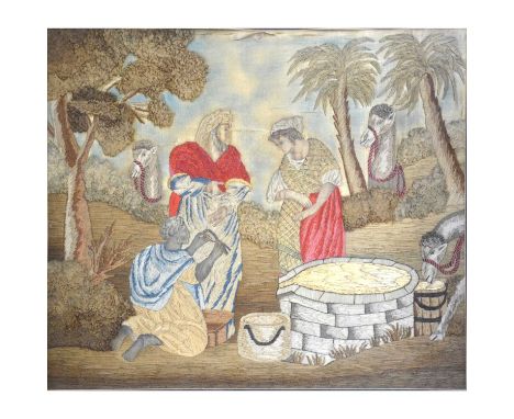 Three 19th century needlework panels depicting biblical scenes, the largest embroidered panel with figures by a well, signed 