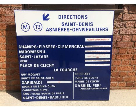 Large original French railway station enamel directions sign, 'M13 Directions Saint-Denis Asnieres-Gennevilliers', blue and w