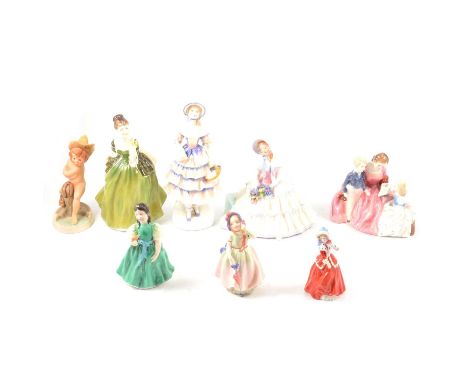 Collection of seven Doulton figurines, The Bedtime Story group HN2059, Meg HN2743, Daydreams HN1731, and others, together wit