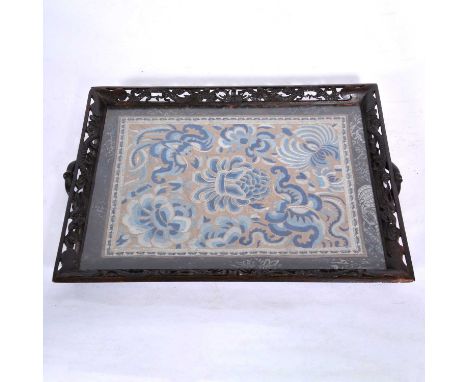 A Chinese embroidered panel tray, with pierced gallery with dragon motifs, 46x35cm.