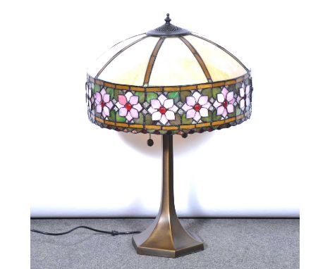 Tiffany style table lamp, dome circular shade with stylised flower heads, hexagonal base, height 61cm.Condition report:The la