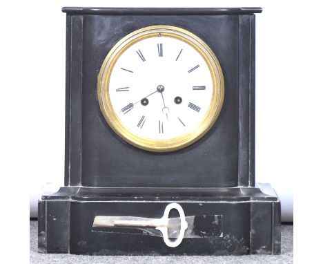 Victorian slate mantel clock, white circular enamel dial, Roman numerals, the cylinder movement striking on a bell, 28cm.