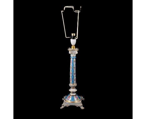 Dresden porcelain candlestick, Corinthian moulded, floral panels in blue borders, 36cm excluding fitment.