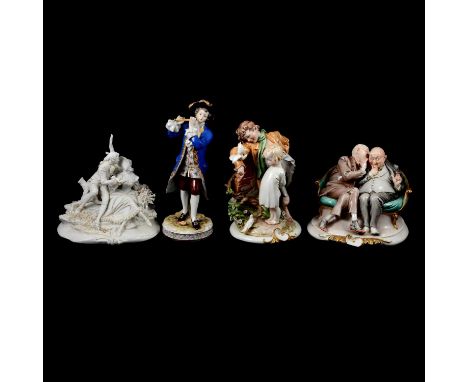 A Capodimonte figural group depicting two men on a sofa, signed Calle; another depicting two children with doves, signed Call