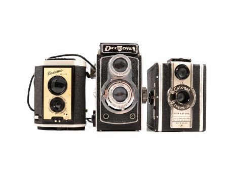 Three boxes of vintage cameras and accessories, including Delmonta twin-lens; Lubitel 2 twin-lens; large Kodak folding camera