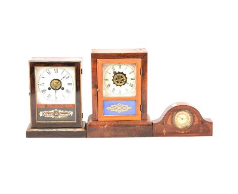 American shelf clock; another American shelf clock; oak cased mantel clock, silvered chapter ring; and a small inlaid mantel 