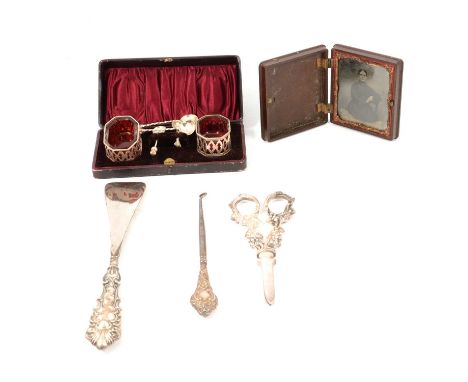 A cased set of silver salts by Rose &amp; Brough, Birmingham 1899, lattice pierced design with cranberry glass liners, two si
