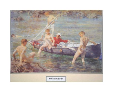After Henry Scott Tuke, Ruby, Gold and Malachite, print,43.5x60cm,framed and glazed.