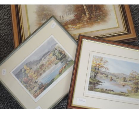 An oil painting, Hona, woodland landscape, signed, 29 x 39cm, plus frame, two prints, after Judy Boyes, September and Novembe