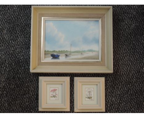 An oil painting on board, R S Hales, estuary view, signed, 14 x 19cm, plus frame and a pair of watercolour miniatures, Rosema
