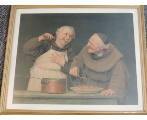 A print, Pears, monks cooking, 47 x 57cm, plus frame and glazed