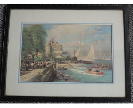 A print, textured, after C E Turner, vintage Cowes regetta, 24 x 37cm, plus frame and glazed