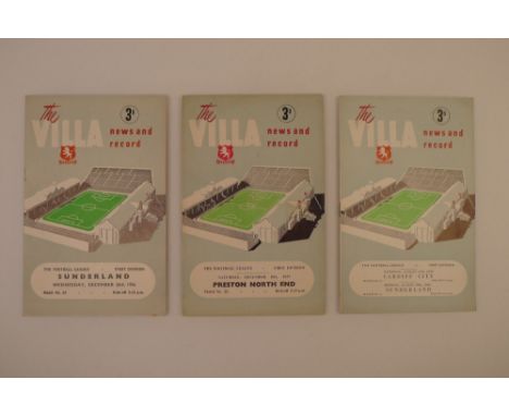 3 x Aston Villa 1955-56 football programmes, Vs Cardiff City Aug 27 1955, Vs Preston North End Dec 10 1955 and Vs Sunderland 