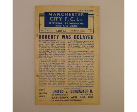 1 x Manchester City 1944-45 League Season football programme, Vs Blackpool Apr 21 1945, has two small neat punched holes and 