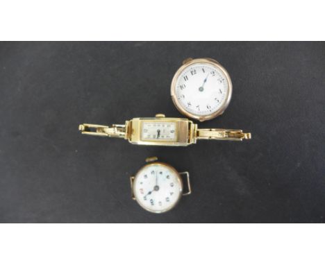 A ladies 9ct gold Art Deco style wristwatch with 9ct gold expanding bracelet - weight approx 16.5 grams and two other 9ct gol