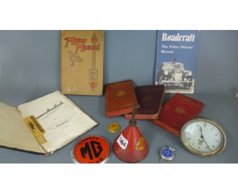 Of motoring interest - A Smiths clock, working, three Contour road map books, badges etc