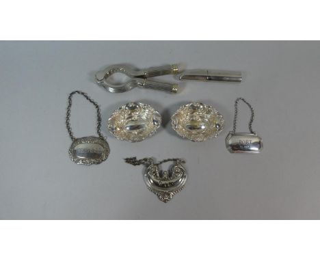 A Silver Port Decanter Label, Silver Plated Gin and Sherry Labels, Pair of Trinket Dishes Etc 