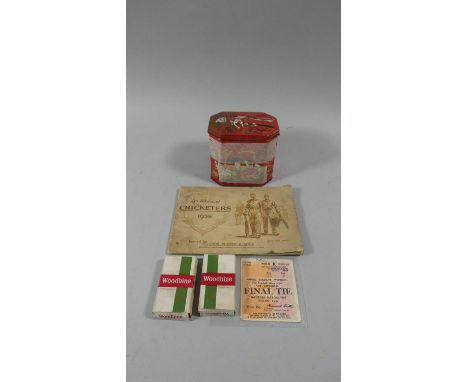 A Vintage Tin, Various Cigarette Cards and a FA Cup Vinyl Ticket Stub for 1964 