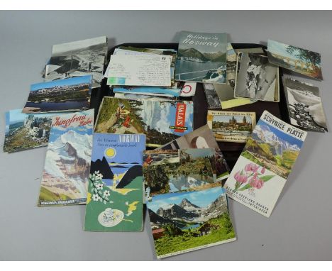 A Tray Containing Various Vintage and More Modern Postcards, Travel Brochures for Switzerland and Norway, Vintage Photo Album